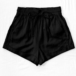 Black Linen Waistband Shorts with String Tie